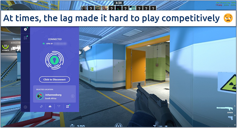 Screenshot of Counter Strike 2 being played while connected to PrivadoVPN's South African server