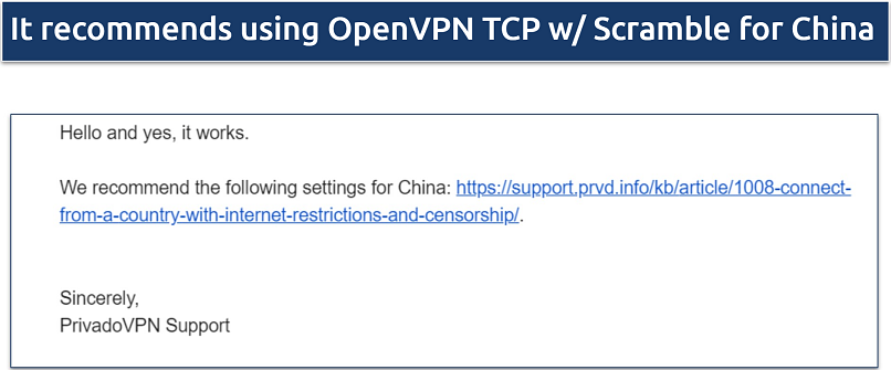 Screenshot of an email from PrivadoVPN support where they confirmed it works in China 