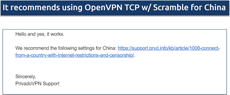 Screenshot of an email from PrivadoVPN support where they confirmed it works in China