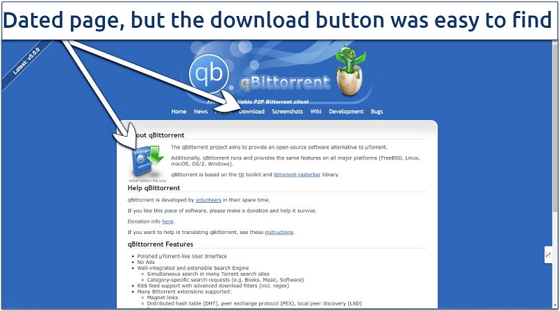 Screenshot showing the qBittorent homepage