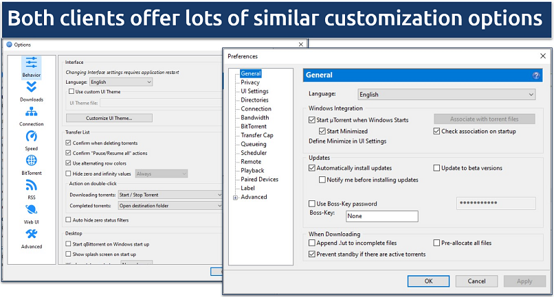 Screenshot showing some of the qBittorrent and uTorrent settings windows