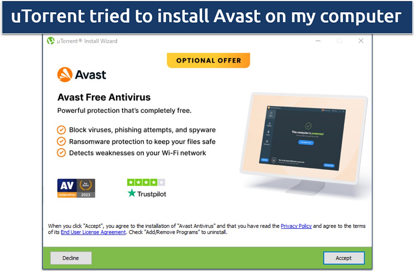 Screenshot showing uTorrent's trying to install Avast during the installation process