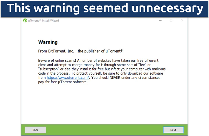 Screenshot showing uTorrent's warning during the installation process