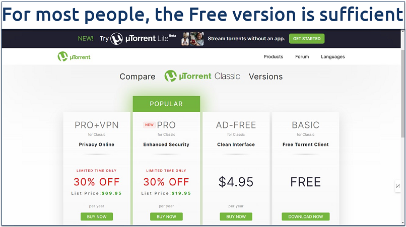 Screenshot showing the uTorrent downloads and pricing page