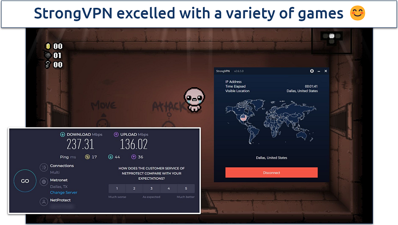 Screenshot of The Binding of Isaac being played while connected to StrongVPN's Dallas server