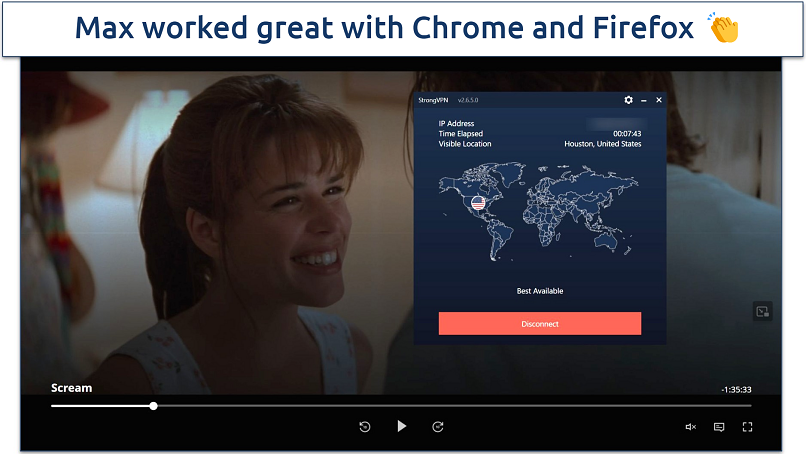 Screenshot of Max player streaming Scream while connected to StrongVPN's Houston server