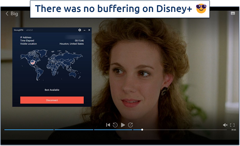 Screenshot of Disney+ player streaming Big while connected to StrongVPN's Houston server 