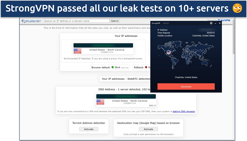 Screenshot of a leak test done on ipleak.net while connected to StrongVPN's Charlotte server