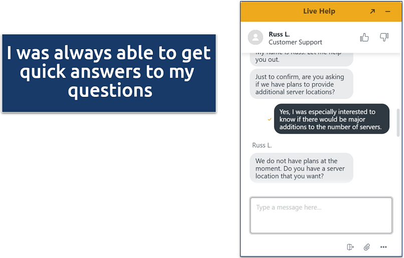 Screenshot of a conversation with support via its 24/7 live chat where they let me know there are no plans to expand the server network