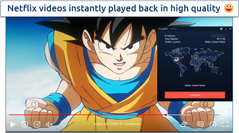 Screenshot of the Netflix player streaming Dragon Ball DAIMA while connected to StrongVPN's Dallas server