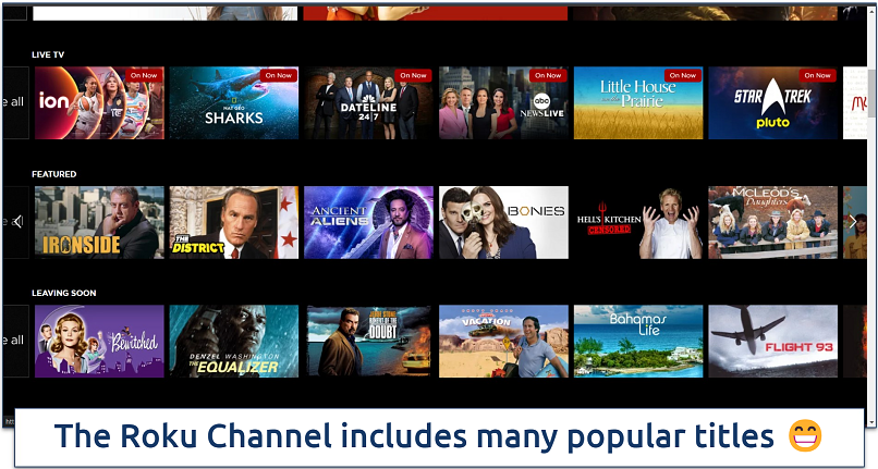 Screenshot of The Roku Channel's homepage with content categories