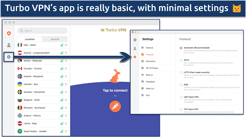 Screenshot of the Turbo VPN app and Settings menu