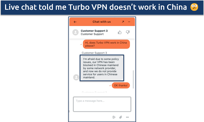 Screenshot of a live chat in which an agent confirmed Turbo VPN doesn't work in China