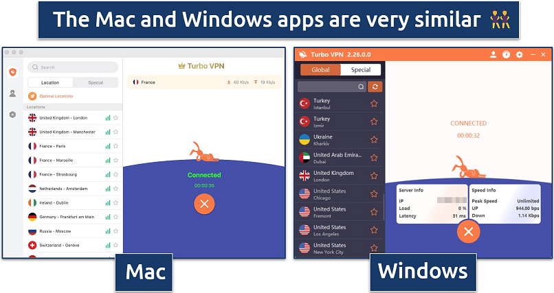 Side-by-side screenshots of the Mac and Windows Turbo VPN apps