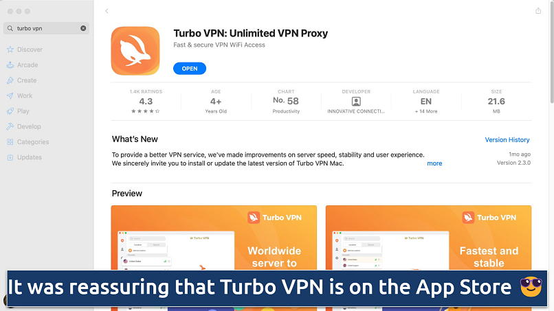 Screenshot of Turbo VPN on the App Store