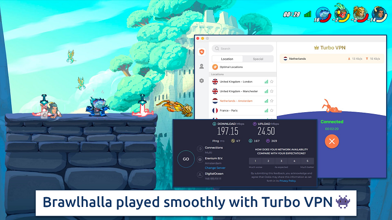 Screenshot of the Turbo VPN app connected to a Netherlands server over an online game