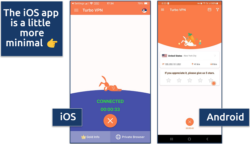 Side-by-side screenshots of the iOS and Android Turbo VPN apps