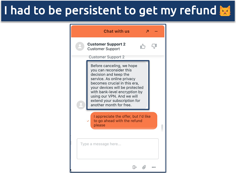 Screenshot of a refund request with Turbo VPN live chat