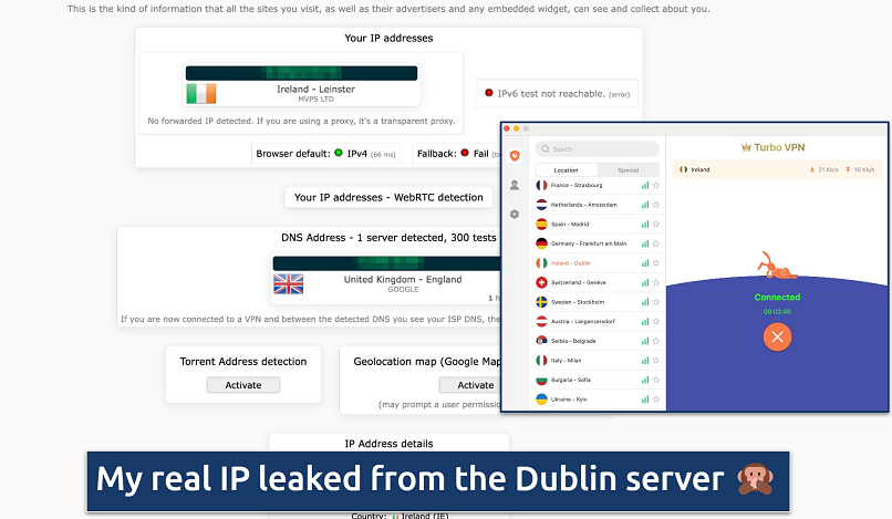 Screenshot of a failed leak test on a server from Dublin, Ireland