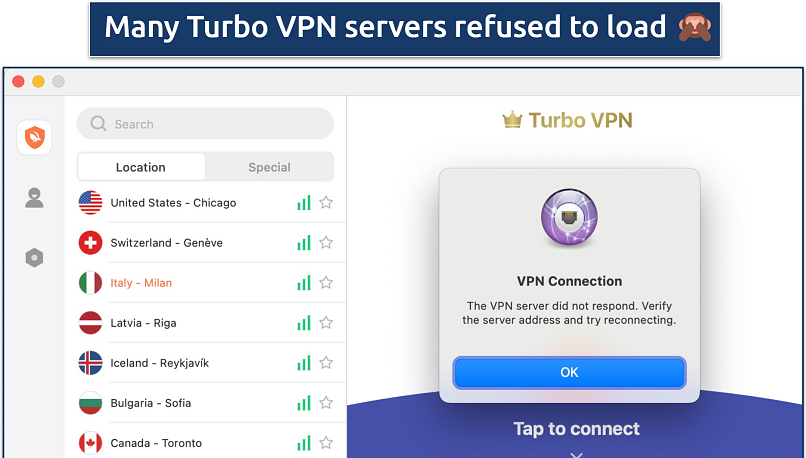 Screenshot of the VPN connection error message when Turbo VPN can't connect to a server