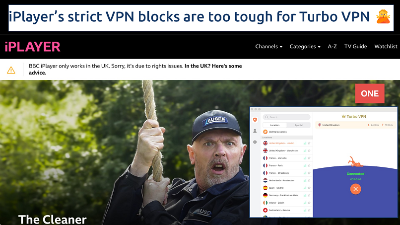 Screenshot of the Turbo VPN app connected to a London UK server over an error message on the BBC iPlayer