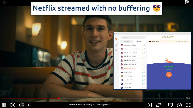 Screenshot of the Turbo VPN app connected to the US Netflix server over a browser streaming Netflix