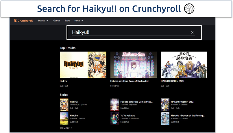 Screenshot of Crunchyroll search