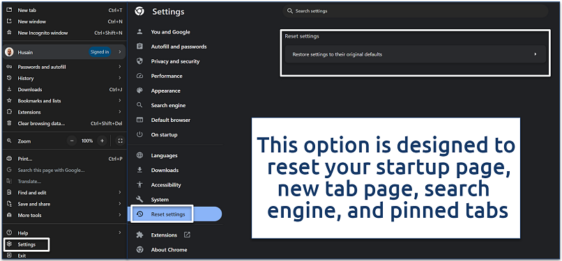 Screenshot of the reset settings in Chrome