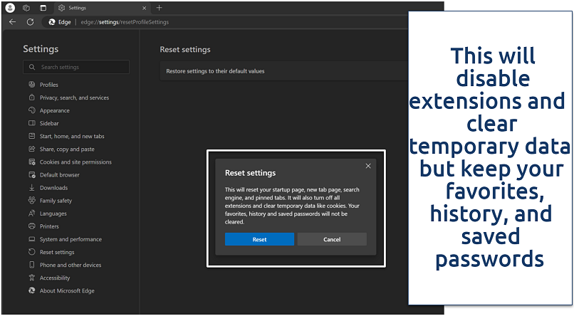 Screenshot of Microsoft Edge reset option