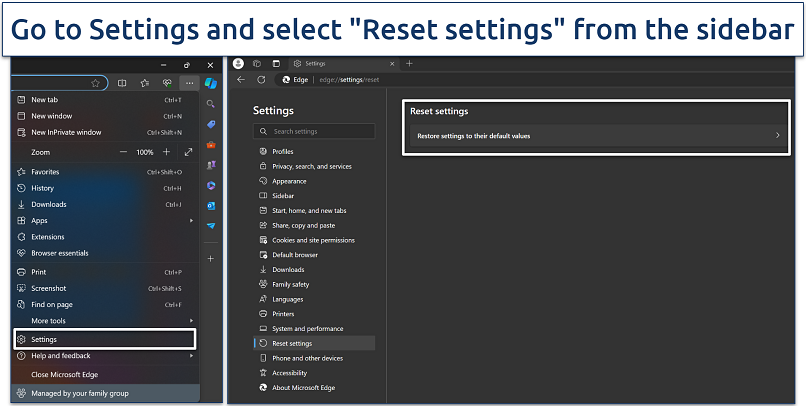 Screenshot of Microsoft Edge reset settings