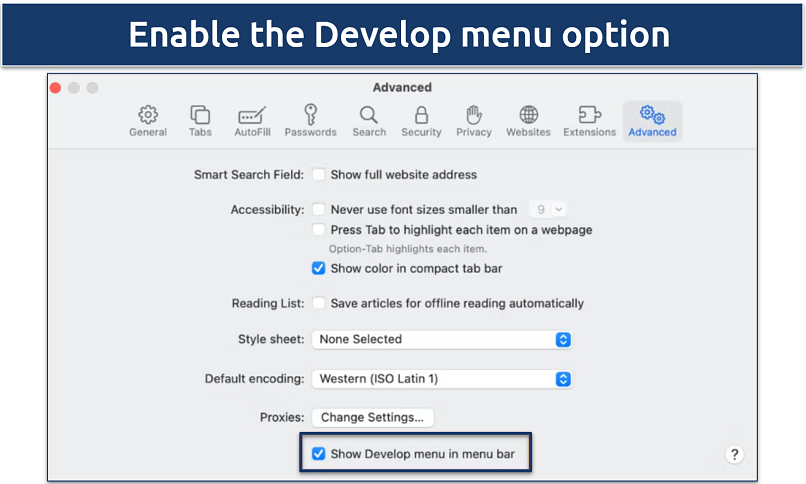 Screenshot of Safari advanced settings tab