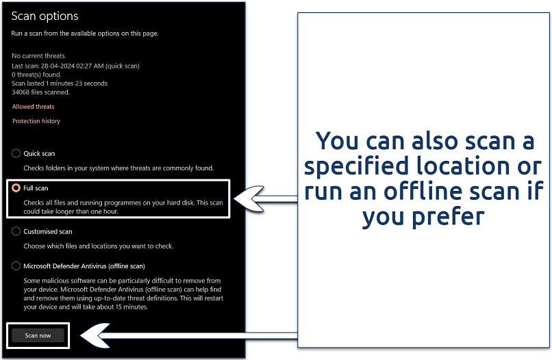 Screenshot of Microsoft Windows Security app scan options