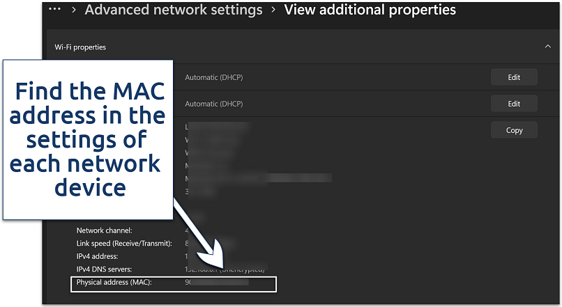 Screenshot showing MAC address for WiFi on Windows