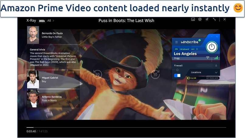 Screenshot of Prime Video player streaming Puss in Boots: The Last Wish while connected to Windscribe's free Los Angeles server