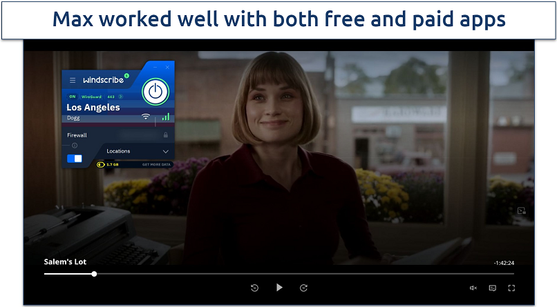 Screenshot of Max player streaming Salem's Lot while connected to Windscribe's free Los Angeles server 