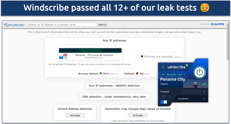 Screenshot of a leak test performed on ipleak.net while connected to Windscribe's Panama City server