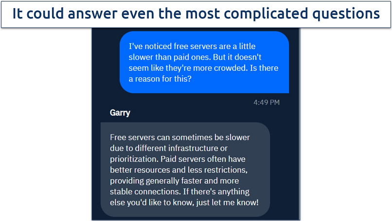 Screenshot of a conversation with Windscribe's chat bot where it explained why free servers are slower than paid ones even with similar server load