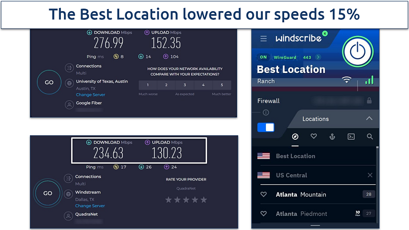 Screenshot of Ookla speed tests done while connected to Windscribe and with no VPN connection