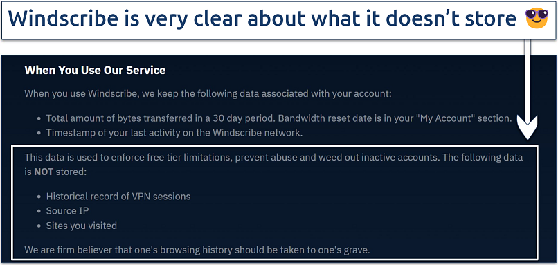 Screenshot of Windscribe's privacy policy highlighting the information it doesn't store