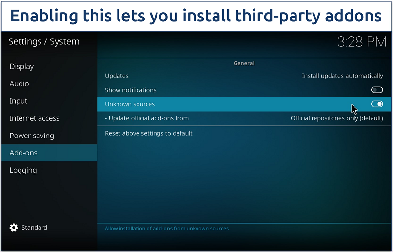 Screenshot showing the Kodi addon settings page