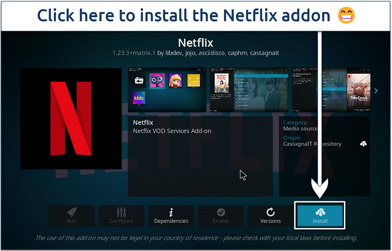 Screenshot showing how to install the Netflix addon from the CastagnaIT repository on Kodi