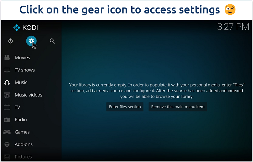 Screenshot showing the Kodi homepage