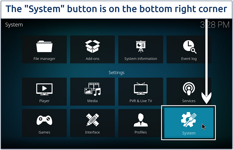 Screenshot showing Kodi's main settings page