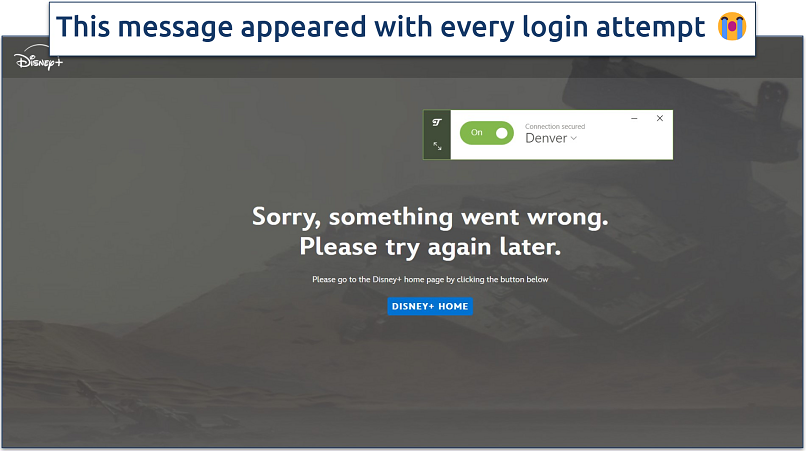 A screenshot showing that TunnelBear doesn't work with Disney+