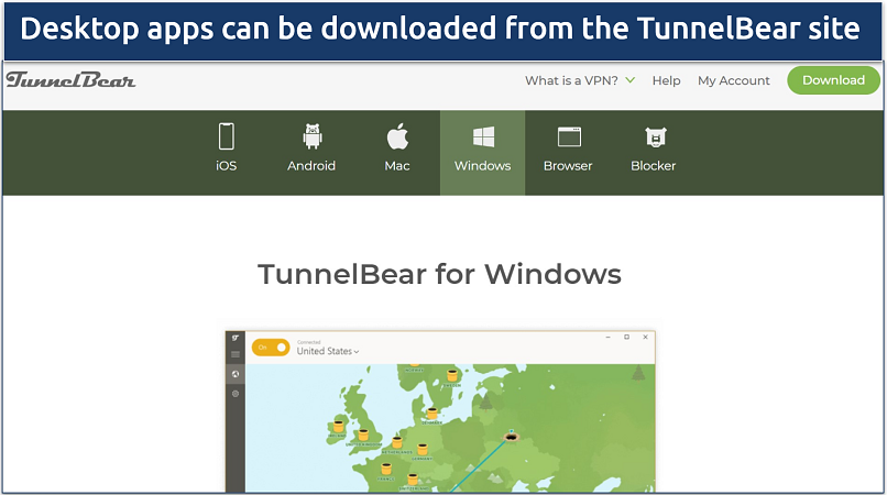 A screenshot showing TunnelBear's download page along with the compatible devices