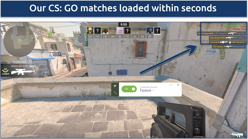 A screenshot showing playing Counter-Strike: Global Offensive while connected to TunnelBear's fastest server