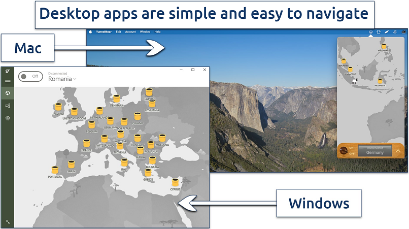 A screenshot showing TunnelBear's home screen on the Windows and Mac apps