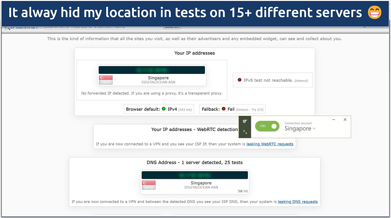 A screenshot showing TunnelBear passed DNS, IP leak, and WebRTC tests