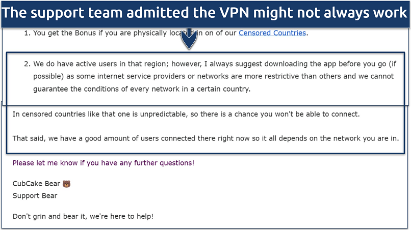 Two screenshots showing TunnelBear's support team confirming that the VPN may work in China