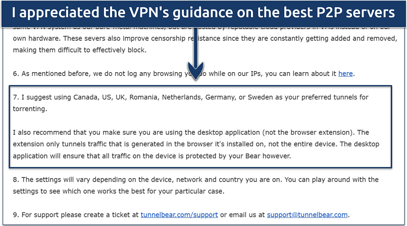 A screenshot showing TunnelBear's support team guidance to the best servers for P2P sharing